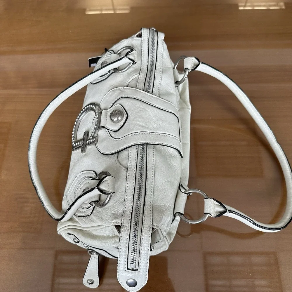 G By‎ Guess Cream Handbag Vintage Y2k Buckle Detail Studded Satchel Silver *New*